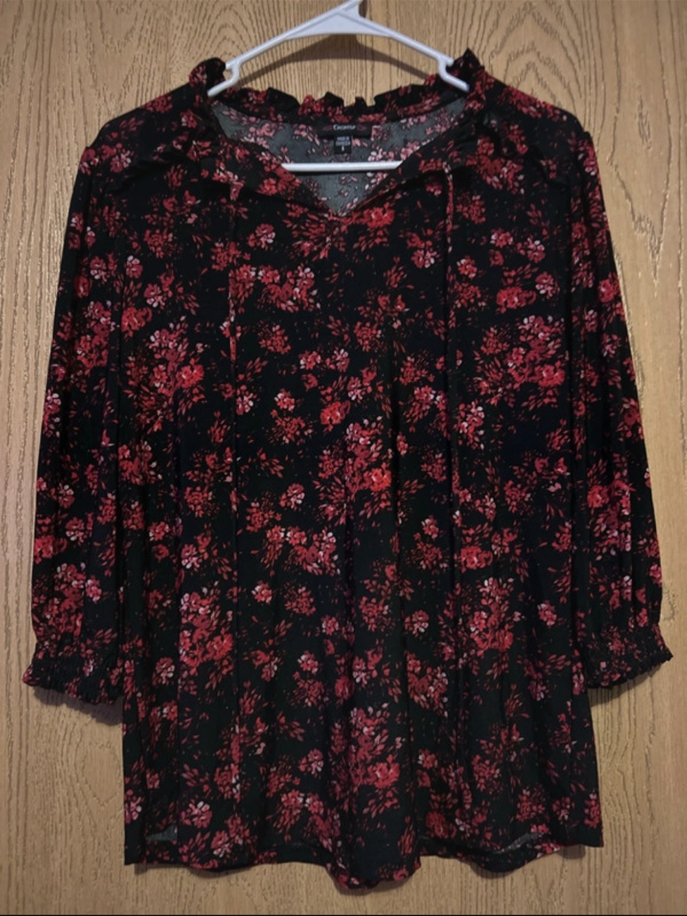 Cocomo Black Top with Red Floral Print and Ruffle Neck
